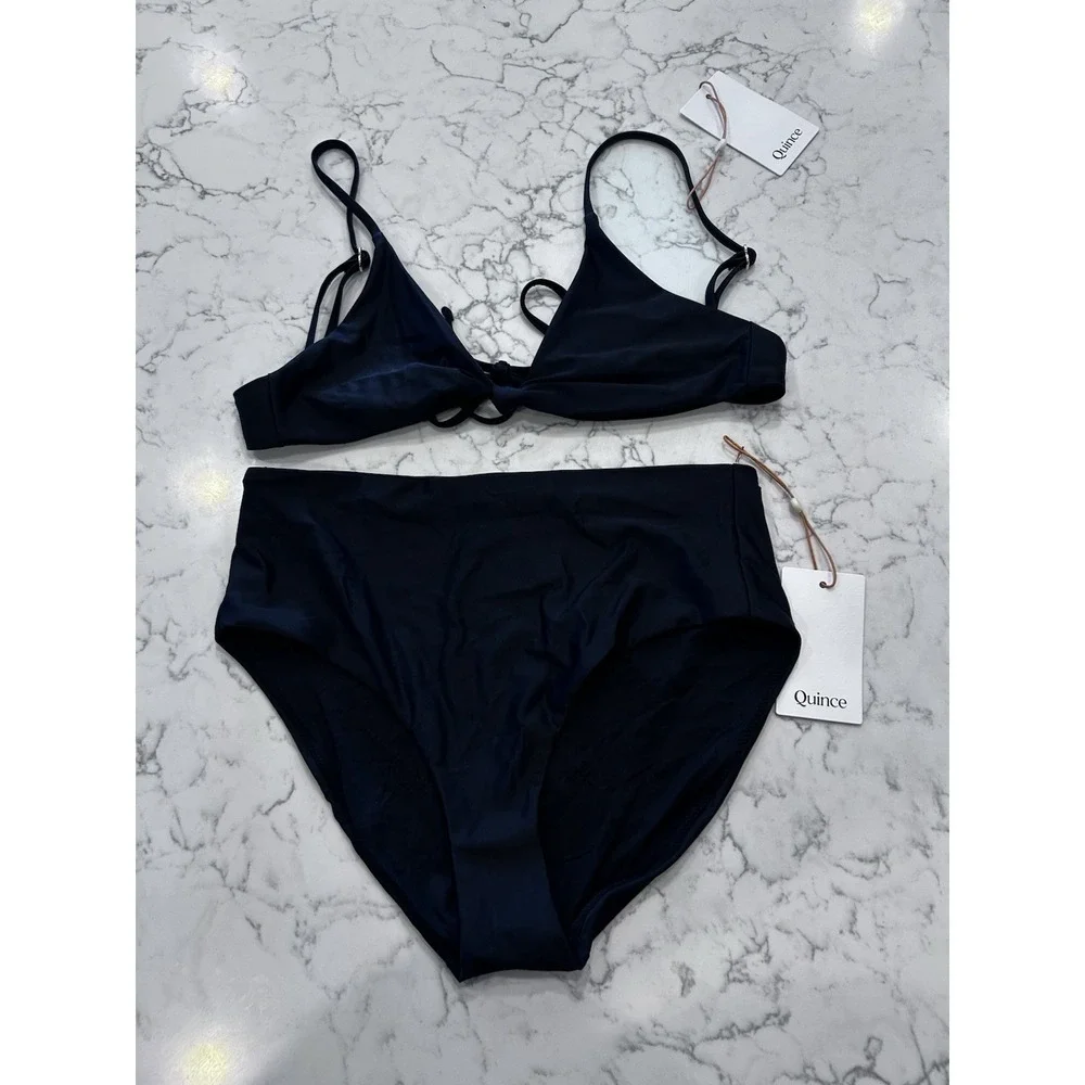 NWT Quince Black Knot Tie Bikini Top & High Rise Bottom Set Size Small